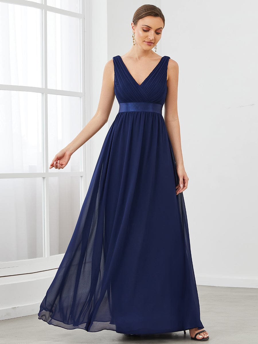 Sleeveless Satin Waist Chiffon A-Line Evening Dress #color_Navy Blue 