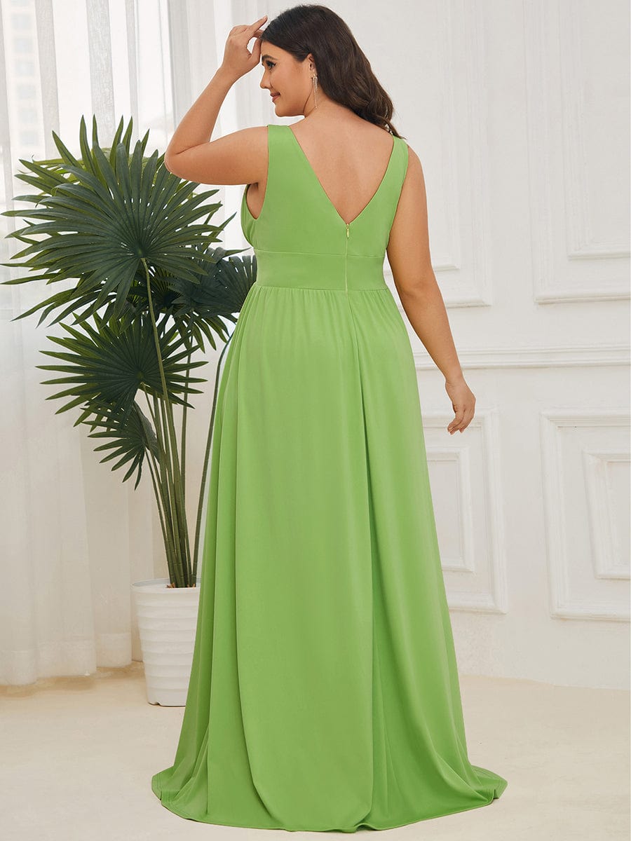 Plus Size Sleeveless V-Neck Empire Waist High Slit Floor-Length Evening Dress #color_Avocado Green