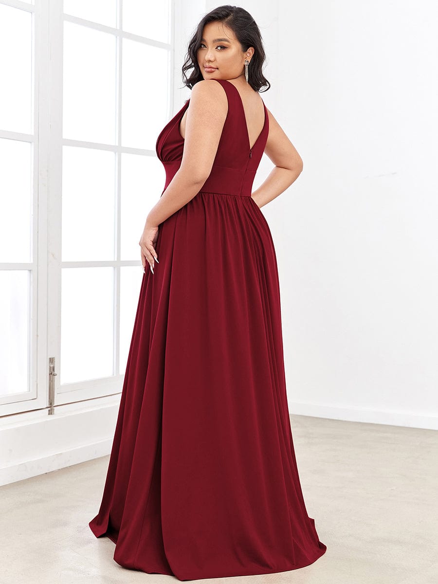 Custom Size Deep V-Neck Empire Waist Sleeveless Simple Evening Dress #color_Burgundy 