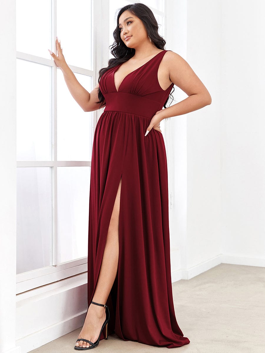 Plus Size Sleeveless V-Neck Empire Waist High Slit Floor-Length Evening Dress #color_Burgundy