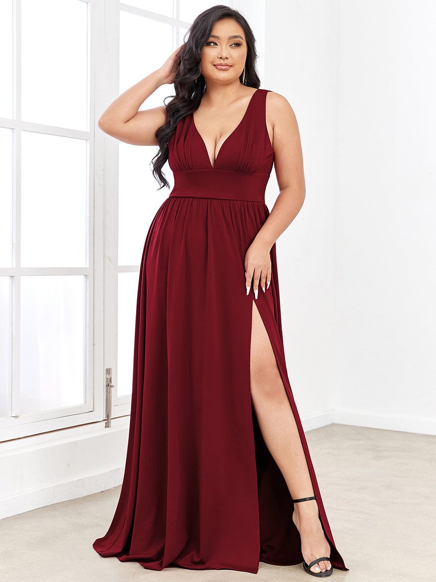 Custom Size Deep V-Neck Empire Waist Sleeveless Simple Evening Dress #color_Burgundy 