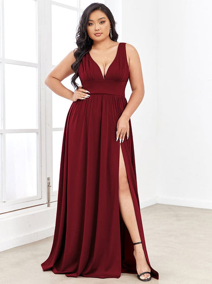 Sleeveless V-Neck Empire Waist High Slit Floor-Length Evening Dress #color_Burgundy 