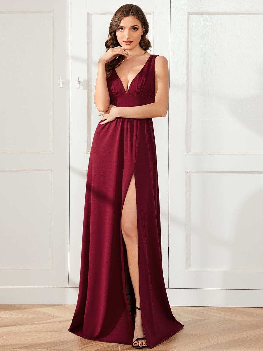 Sleeveless V-Neck Empire Waist High Slit Floor-Length Evening Dress #color_Burgundy