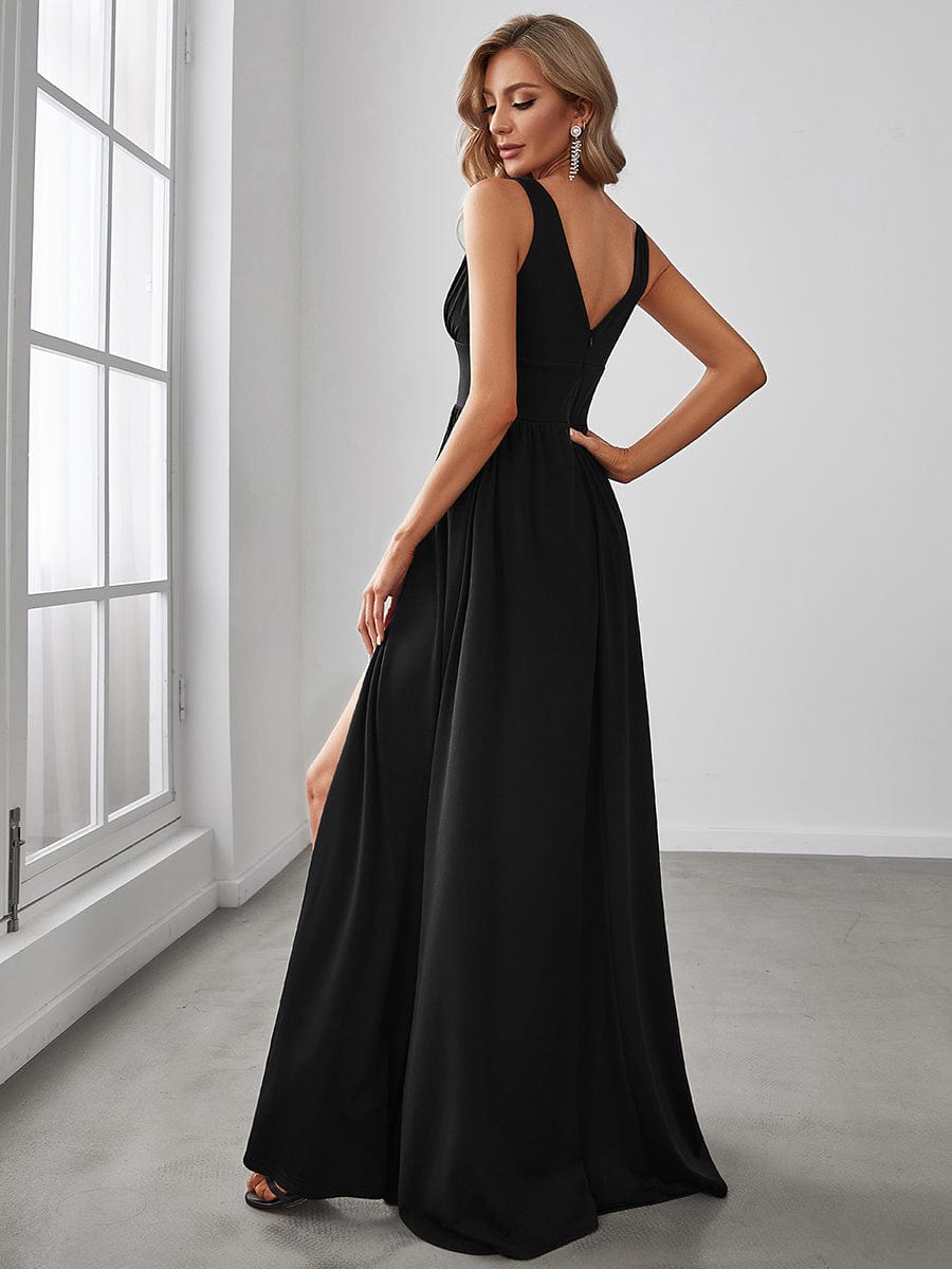 Sleeveless V-Neck Empire Waist High Slit Floor-Length Evening Dress #color_Black