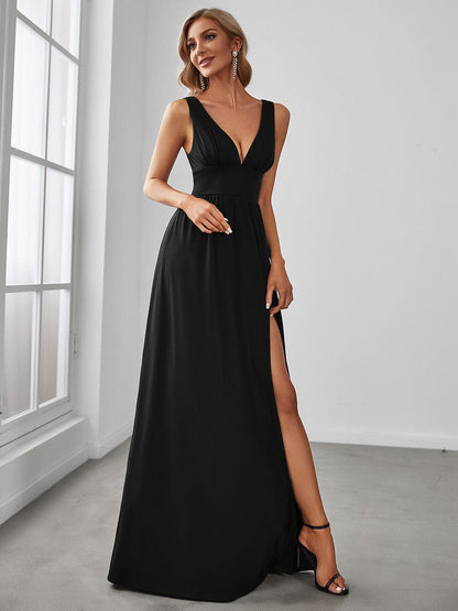 Sleeveless V-Neck Empire Waist High Slit Floor-Length Evening Dress #color_Black