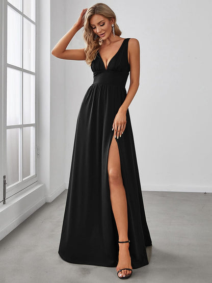 Sleeveless V-Neck Empire Waist High Slit Floor-Length Evening Dress