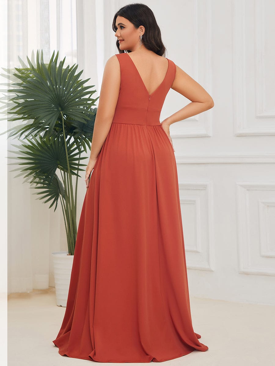 Chiffon High Slit Sleeveless V-Neck Empire Waist Evening Dress #color_Burnt Orange