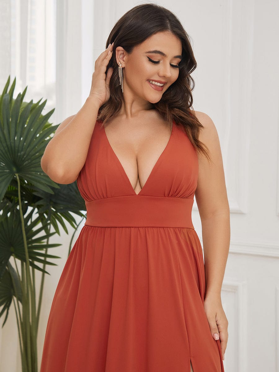 Plus Size Sleeveless V-Neck Empire Waist High Slit Floor-Length Evening Dress #color_Burnt Orange