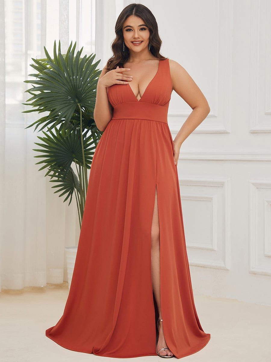 Chiffon High Slit Sleeveless V-Neck Empire Waist Evening Dress #color_Burnt Orange