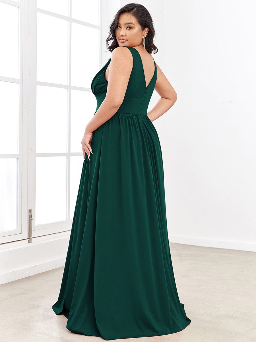 Sleeveless V-Neck Empire Waist High Slit Floor-Length Evening Dress #color_Dark Green