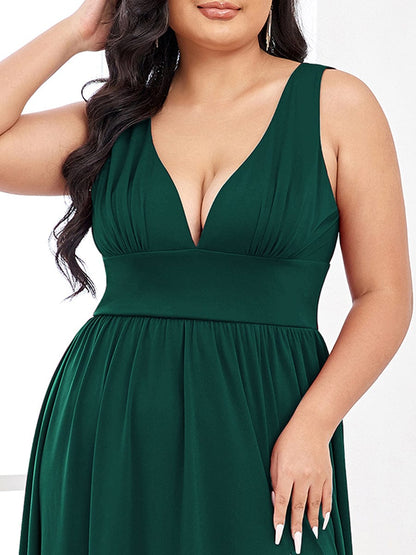 Sleeveless V-Neck Empire Waist High Slit Floor-Length Evening Dress #color_Dark Green