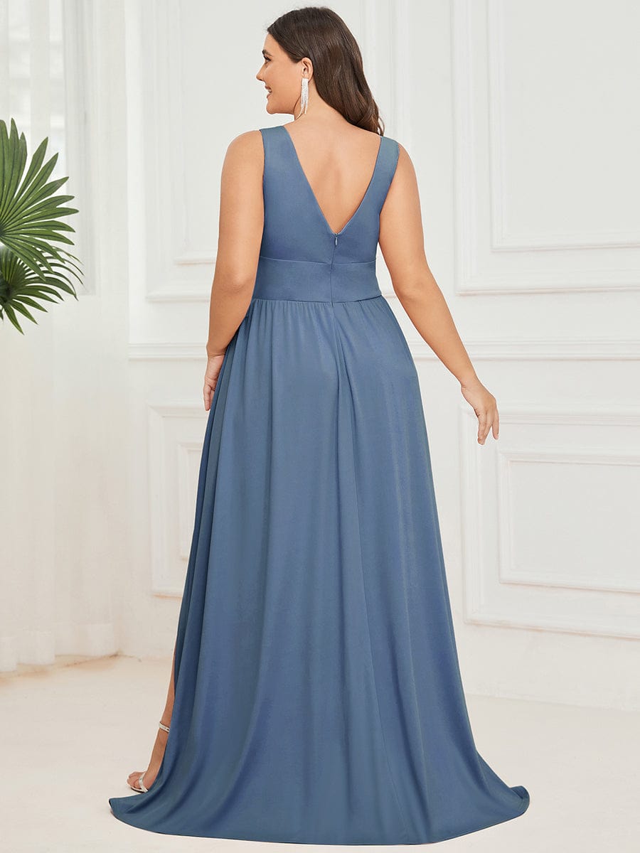 Plus Size Sleeveless V-Neck Empire Waist High Slit Floor-Length Evening Dress #color_Dusty Navy