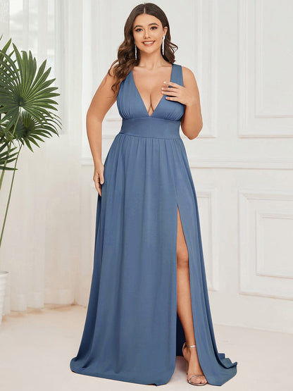 Custom Size Deep V-Neck Empire Waist Sleeveless Simple Evening Dress #color_Dusty Navy