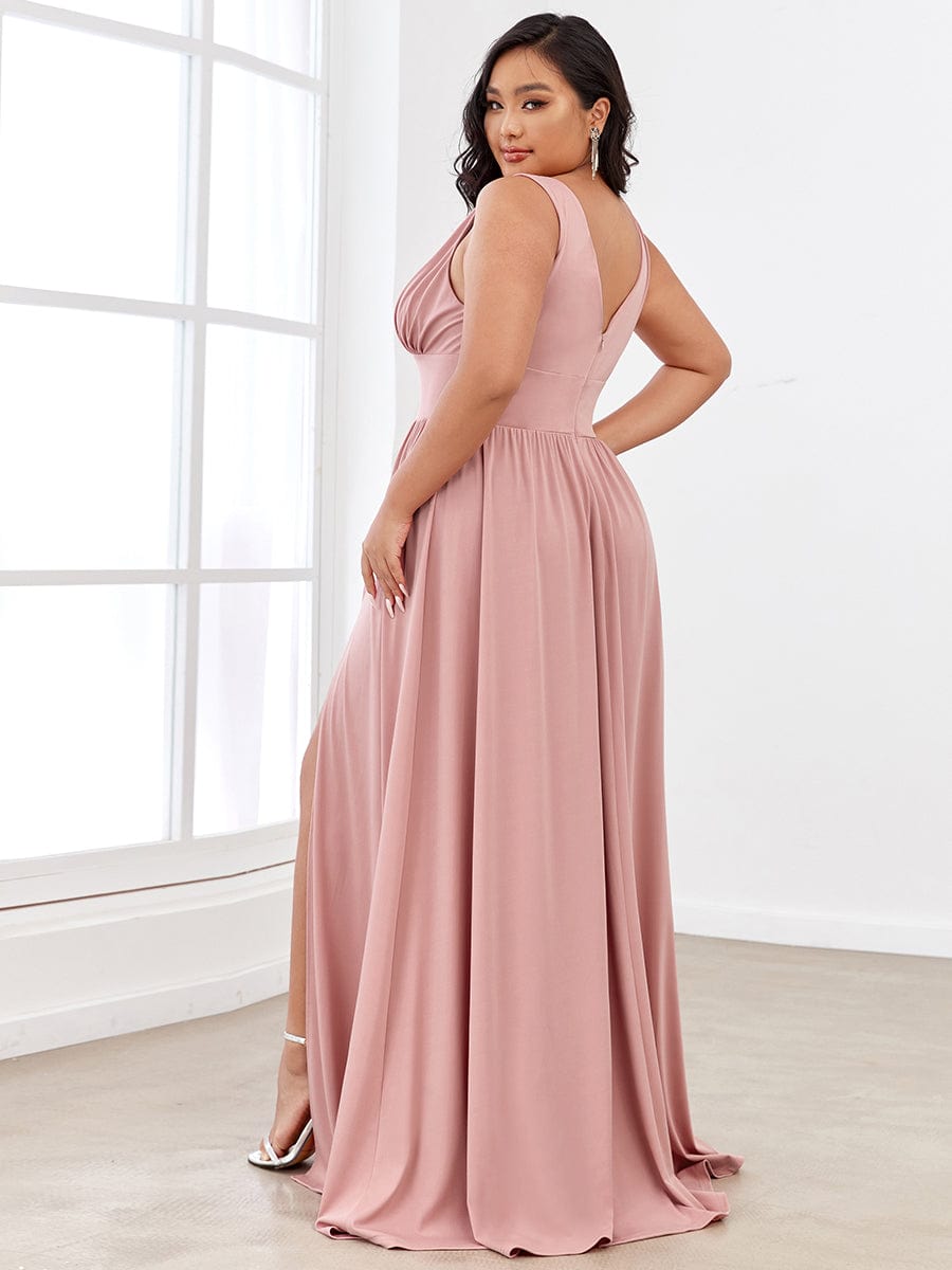 Sleeveless V-Neck Empire Waist High Slit Floor-Length Evening Dress #color_Dusty Rose 