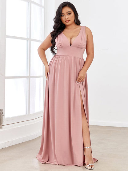 Sleeveless V-Neck Empire Waist High Slit Floor-Length Evening Dress #color_Dusty Rose 