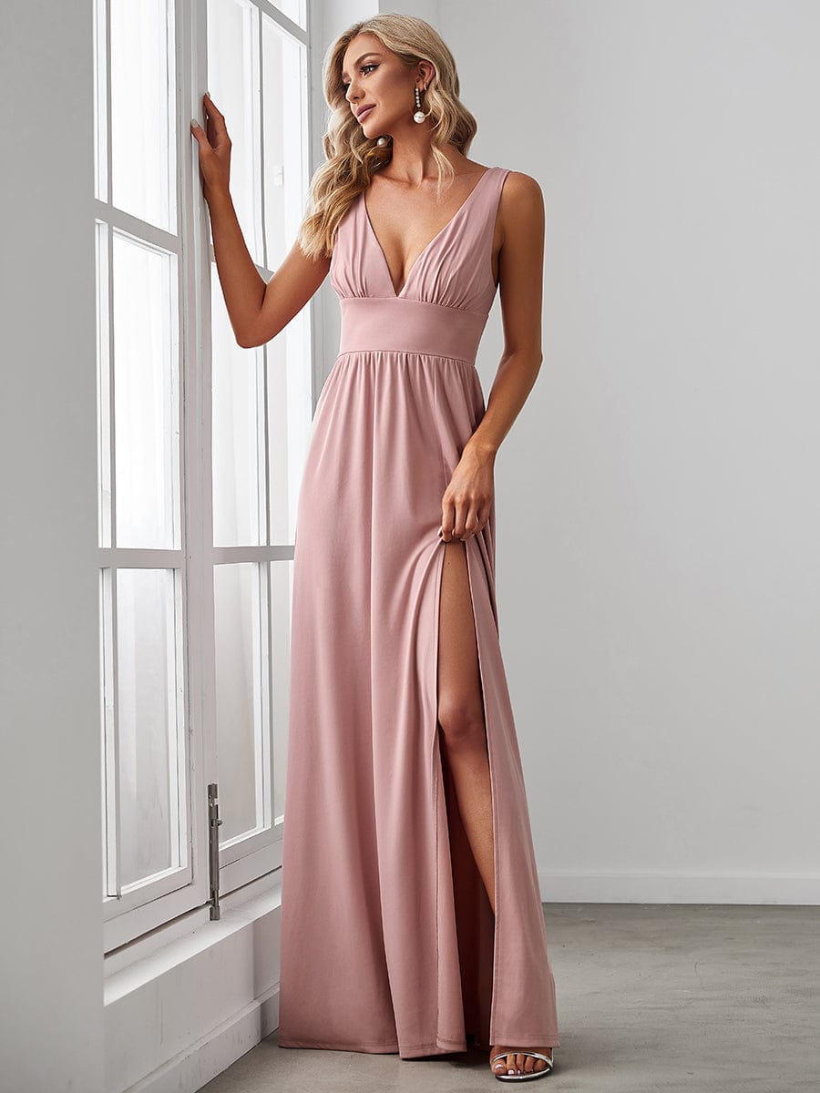 Sleeveless V-Neck Empire Waist High Slit Floor-Length Evening Dress #color_Dusty Rose 