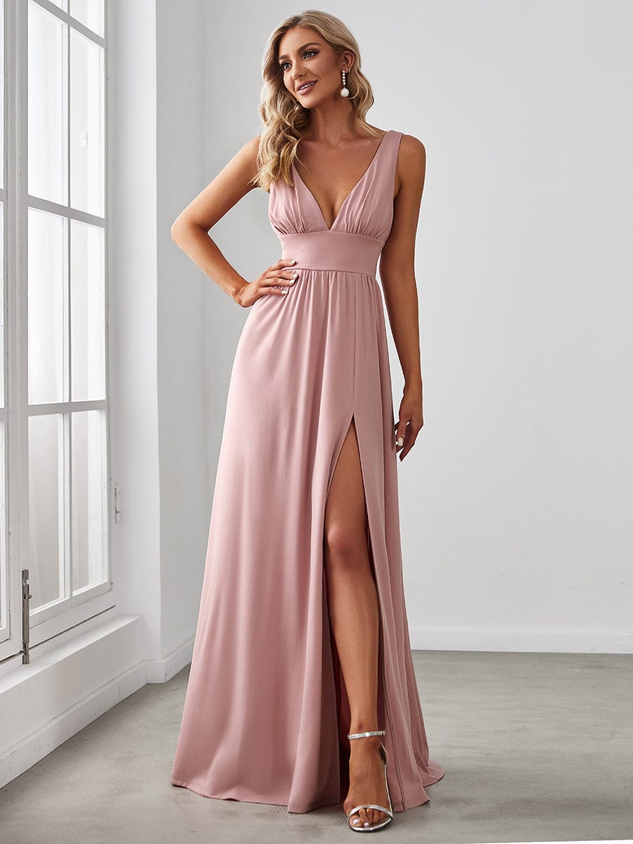 Sleeveless V-Neck Empire Waist High Slit Floor-Length Evening Dress #color_Dusty Rose 