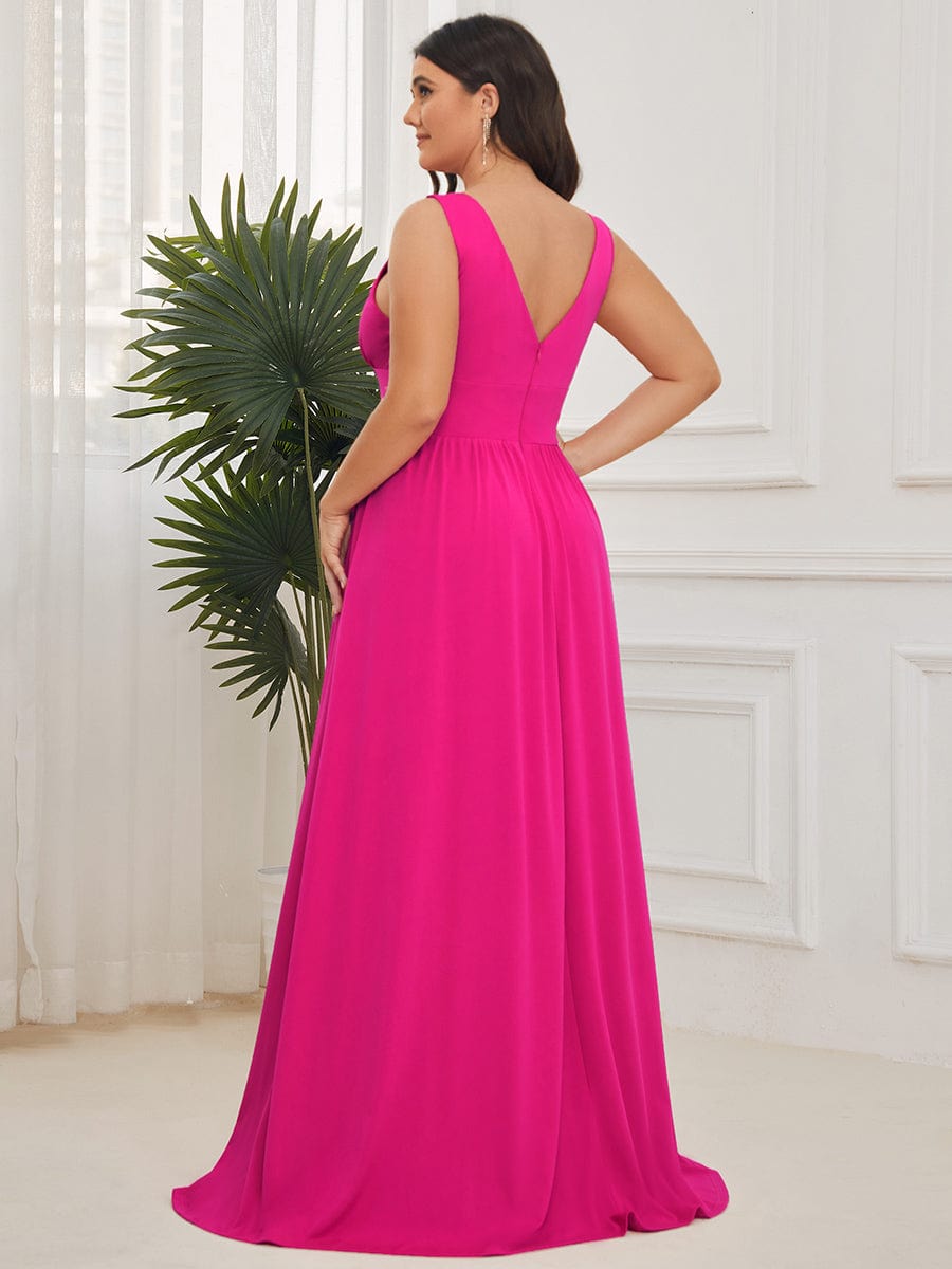 Plus Size Sleeveless V-Neck Empire Waist High Slit Floor-Length Evening Dress #color_Hot Pink