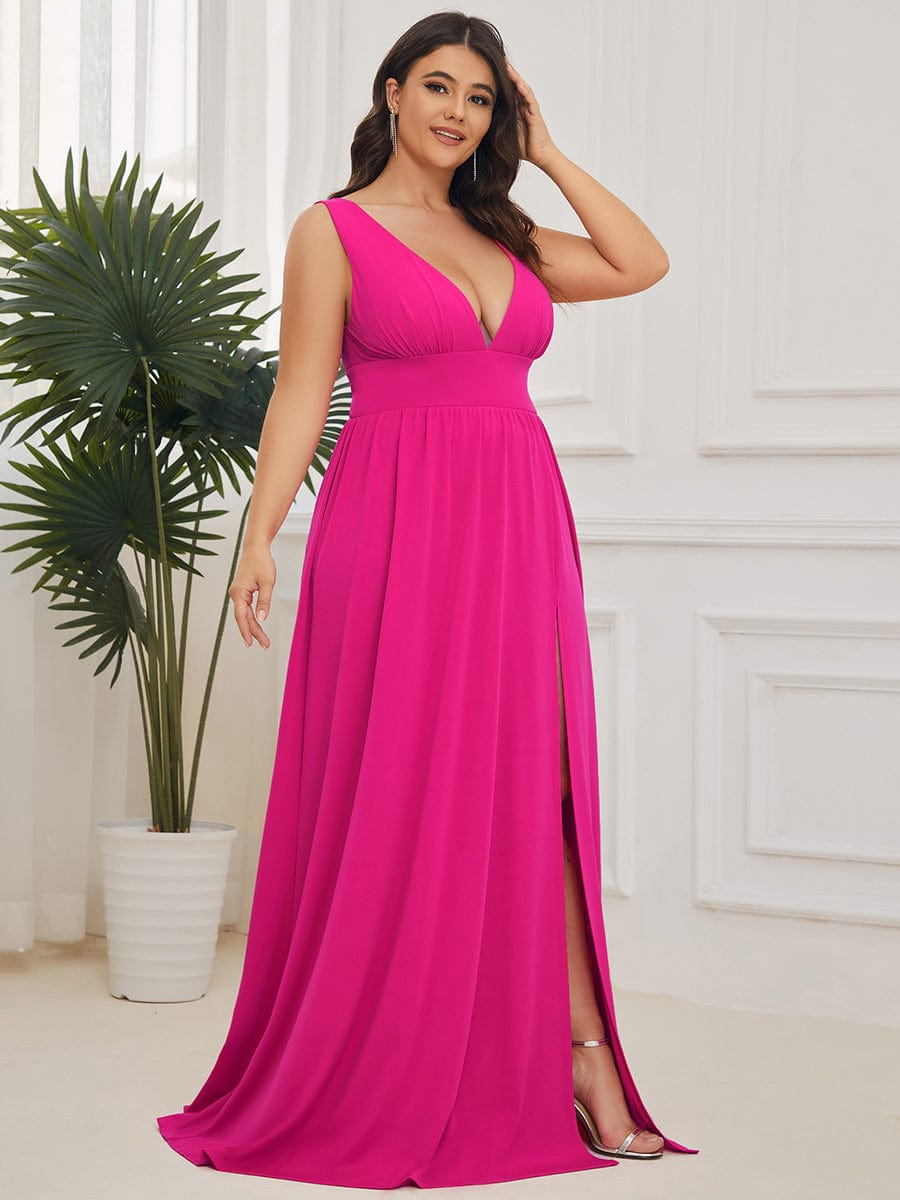 Plus Size Sleeveless V-Neck Empire Waist High Slit Floor-Length Evening Dress #color_Hot Pink