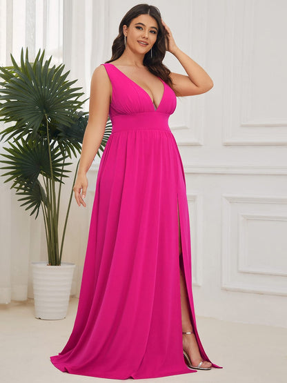 Custom Size Deep V-Neck Empire Waist Sleeveless Simple Evening Dress #color_Hot Pink