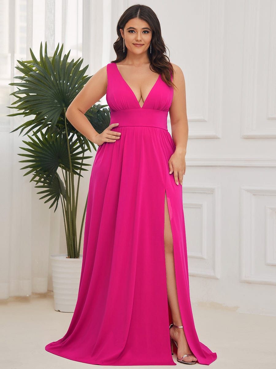 Plus Size Sleeveless V-Neck Empire Waist High Slit Floor-Length Evening Dress #color_Hot Pink