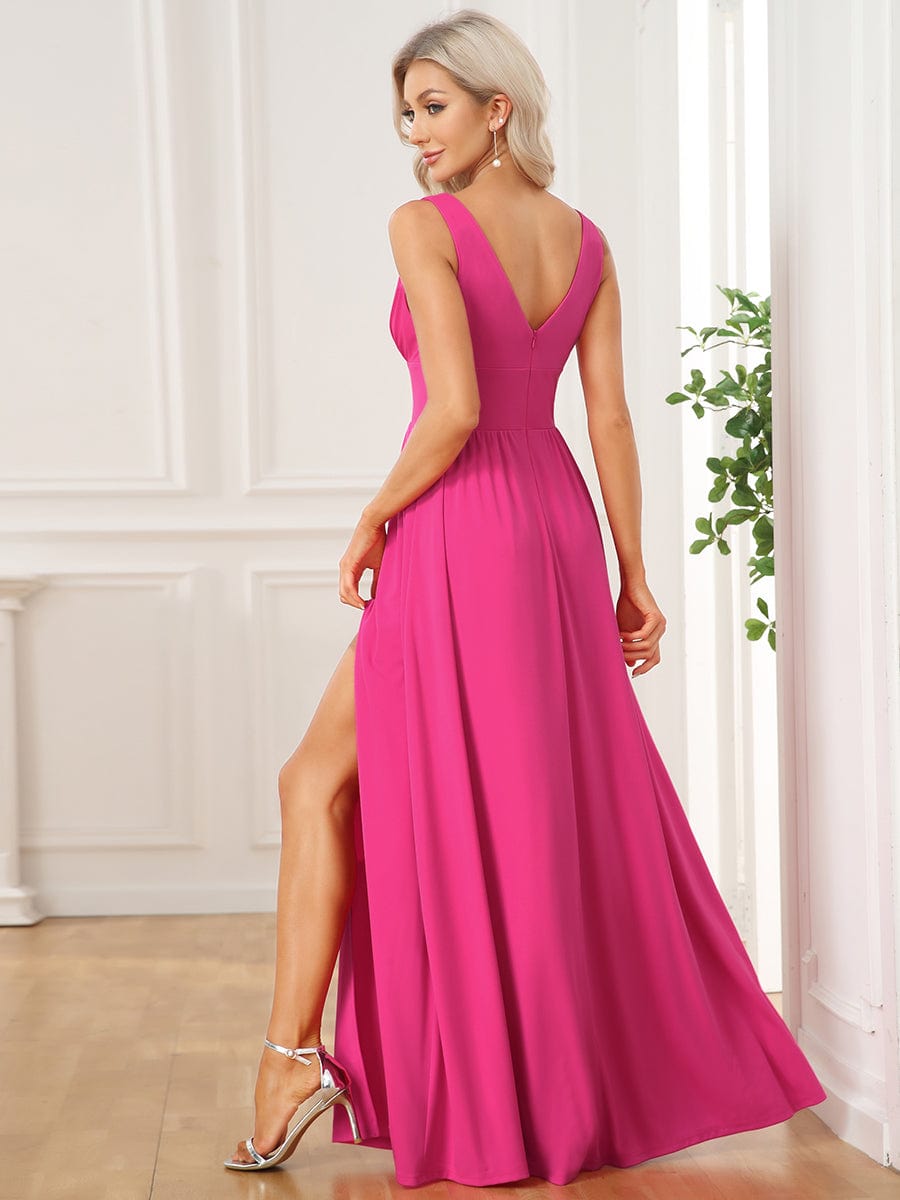 Chiffon High Slit Sleeveless V-Neck Empire Waist Evening Dress #color_Hot Pink