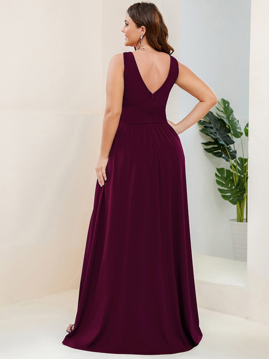 Custom Size Deep V-Neck Empire Waist Sleeveless Simple Evening Dress #color_Mulberry