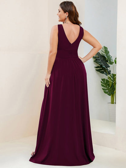 Sleeveless V-Neck Empire Waist High Slit Floor-Length Evening Dress #color_Mulberry