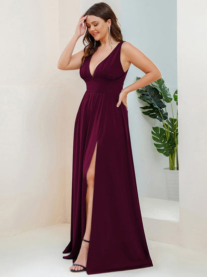 Plus Size Sleeveless V-Neck Empire Waist High Slit Floor-Length Evening Dress #color_Mulberry