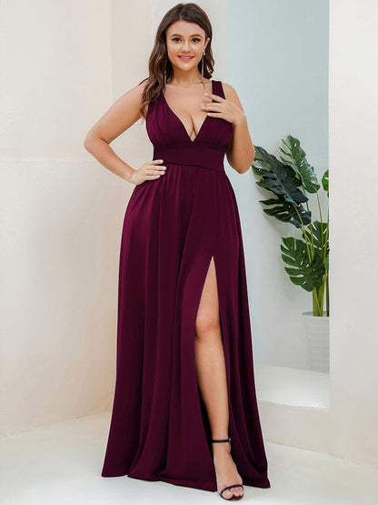 Plus Size Sleeveless V-Neck Empire Waist High Slit Floor-Length Evening Dress #color_Mulberry