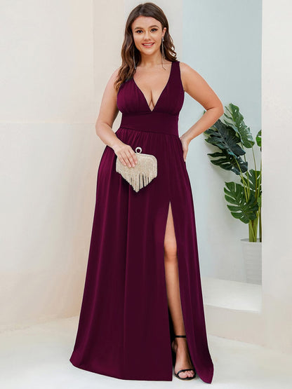 Custom Size Deep V-Neck Empire Waist Sleeveless Simple Evening Dress #color_Mulberry