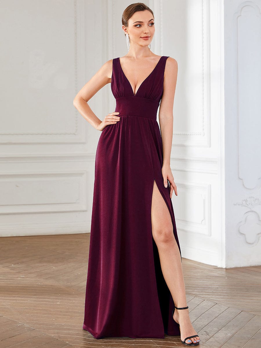 Sleeveless V-Neck Empire Waist High Slit Floor-Length Evening Dress #color_Mulberry