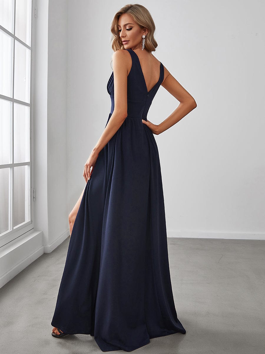 Sleeveless V-Neck Empire Waist High Slit Floor-Length Evening Dress #color_Navy Blue 