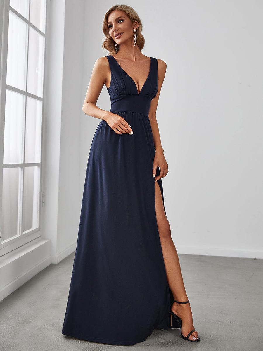 Sleeveless V-Neck Empire Waist High Slit Floor-Length Evening Dress #color_Navy Blue 