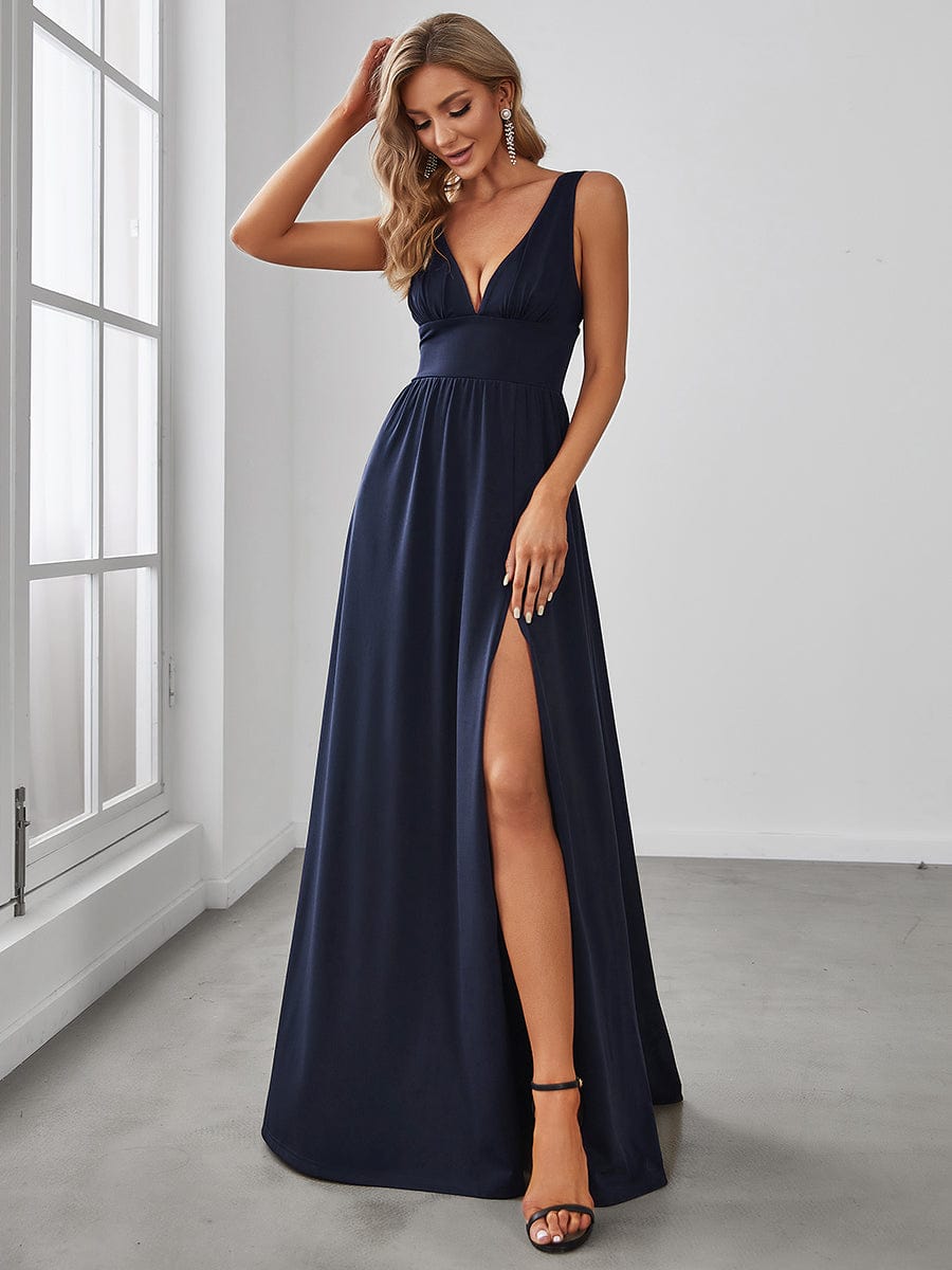 Sleeveless V-Neck Empire Waist High Slit Floor-Length Evening Dress #color_Navy Blue 