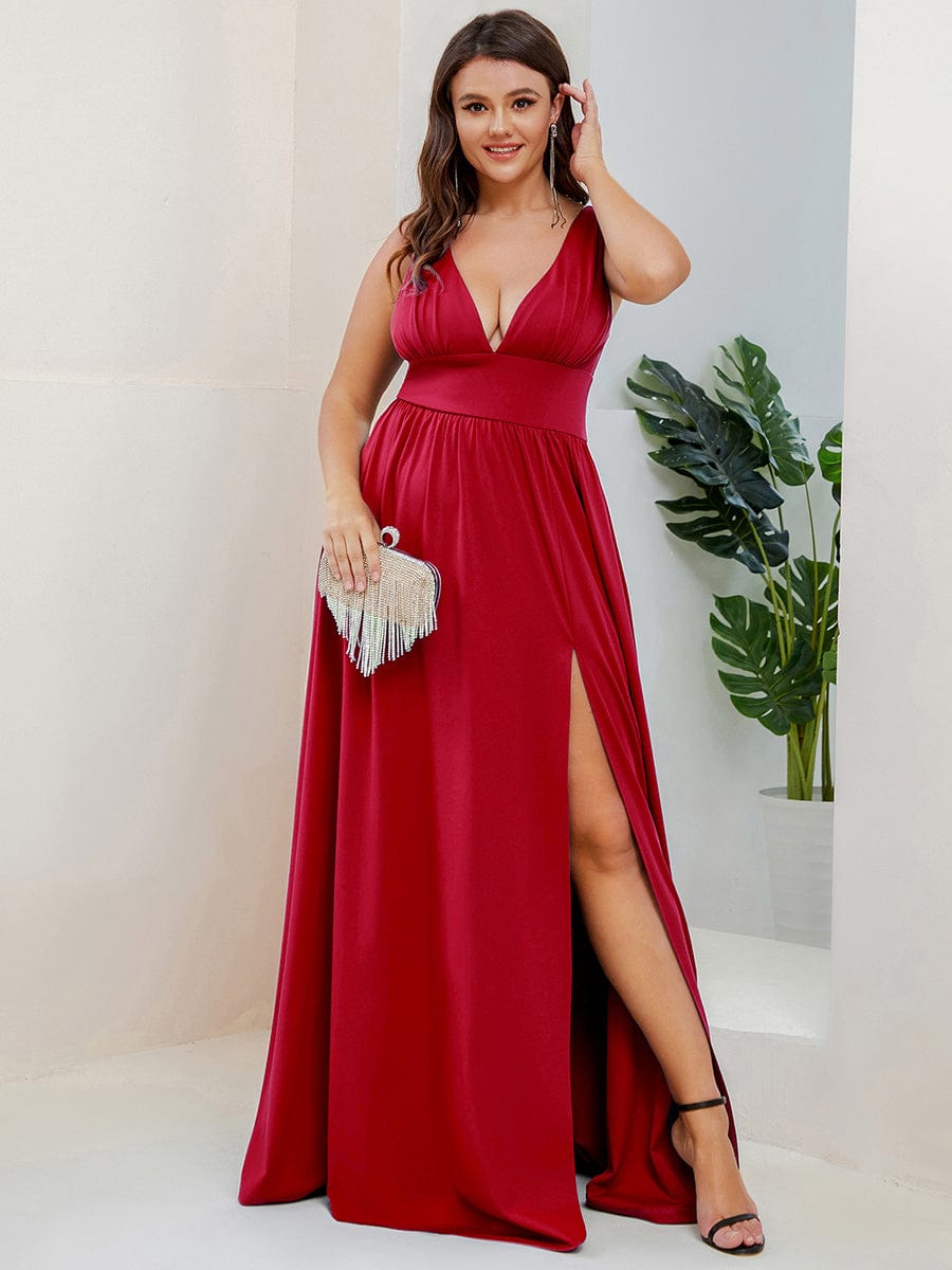 Chiffon High Slit Sleeveless V-Neck Empire Waist Evening Dress #color_Red