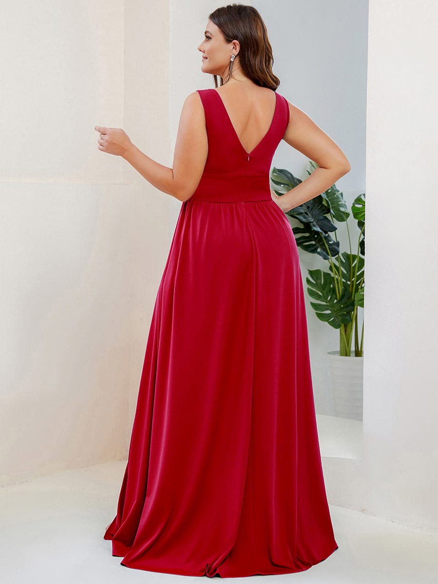 Chiffon High Slit Sleeveless V-Neck Empire Waist Evening Dress #color_Red