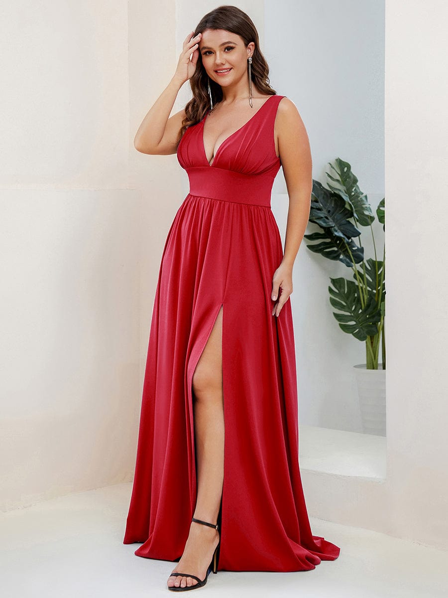 Custom Size Deep V-Neck Empire Waist Sleeveless Simple Evening Dress #color_Red