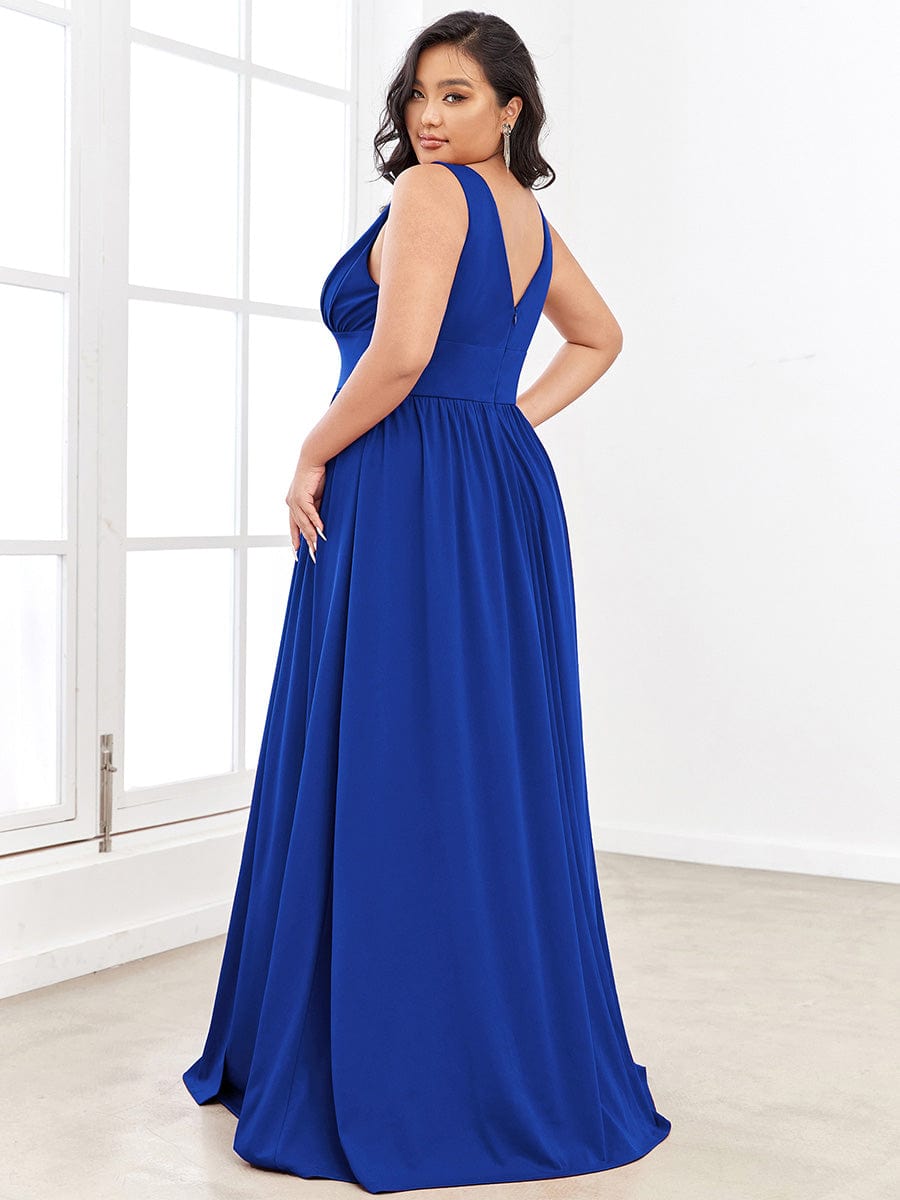 Sleeveless V-Neck Empire Waist High Slit Floor-Length Evening Dress #color_Sapphire Blue