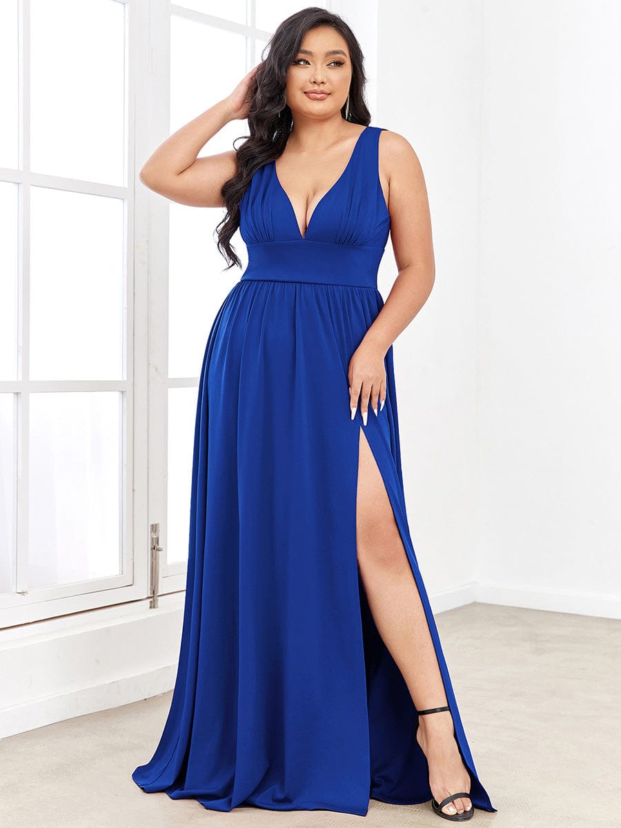 Sleeveless V-Neck Empire Waist High Slit Floor-Length Evening Dress #color_Sapphire Blue