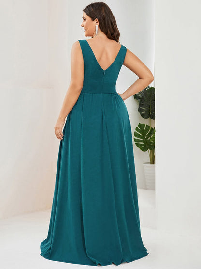 Plus Size Sleeveless V-Neck Empire Waist High Slit Floor-Length Evening Dress #color_Teal