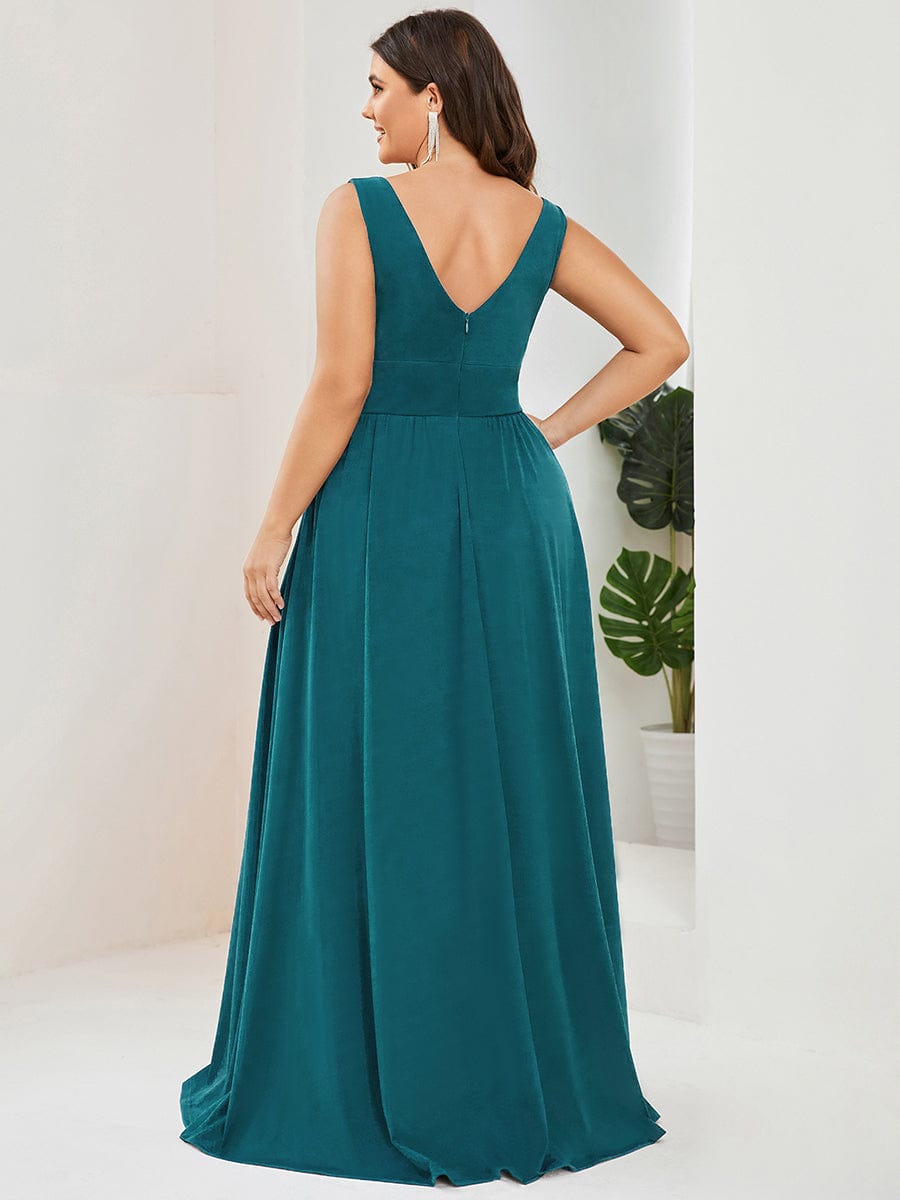 Custom Size Deep V-Neck Empire Waist Sleeveless Simple Evening Dress #color_Teal