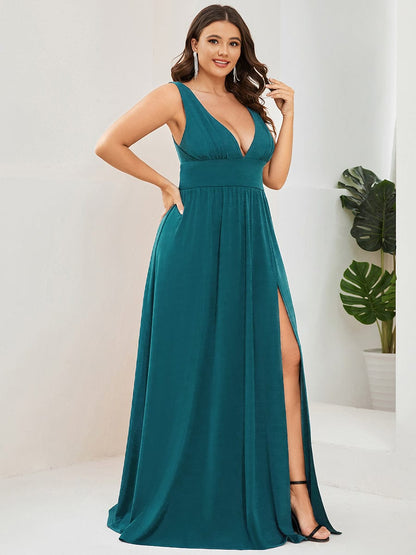 Plus Size Sleeveless V-Neck Empire Waist High Slit Floor-Length Evening Dress #color_Teal