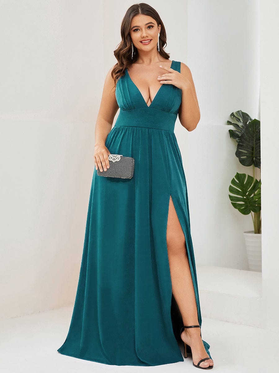 Plus Size Sleeveless V-Neck Empire Waist High Slit Floor-Length Evening Dress #color_Teal