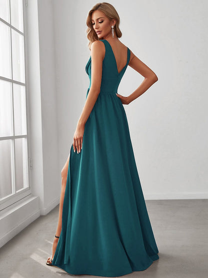 Sleeveless V-Neck Empire Waist High Slit Floor-Length Evening Dress #color_Teal