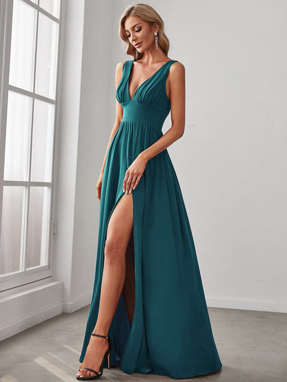 Sleeveless V-Neck Empire Waist High Slit Floor-Length Evening Dress #color_Teal