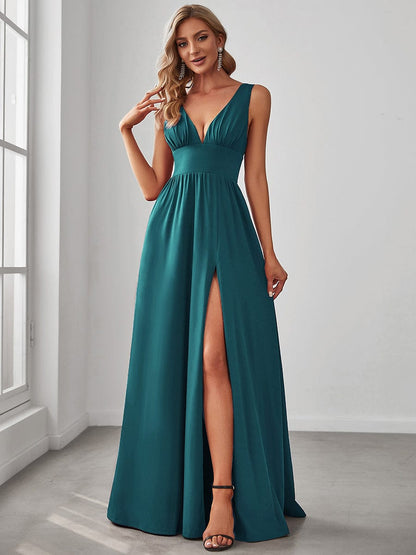 Sleeveless V-Neck Empire Waist High Slit Floor-Length Evening Dress #color_Teal