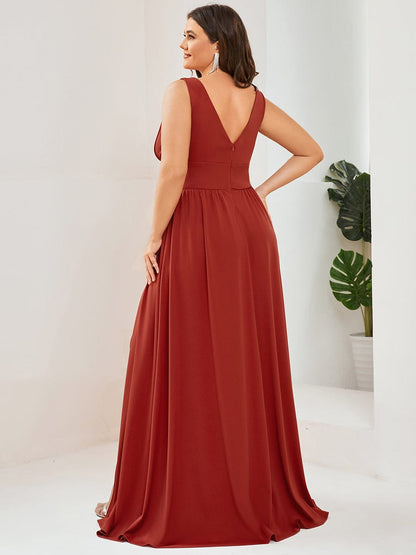 Plus Size Sleeveless V-Neck Empire Waist High Slit Floor-Length Evening Dress #color_Vermilion