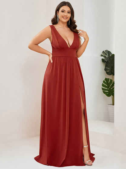 Custom Size Deep V-Neck Empire Waist Sleeveless Simple Evening Dress #color_Vermilion