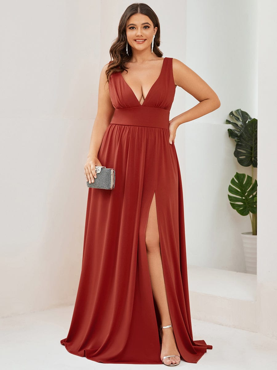 Custom Size Deep V-Neck Empire Waist Sleeveless Simple Evening Dress #color_Vermilion